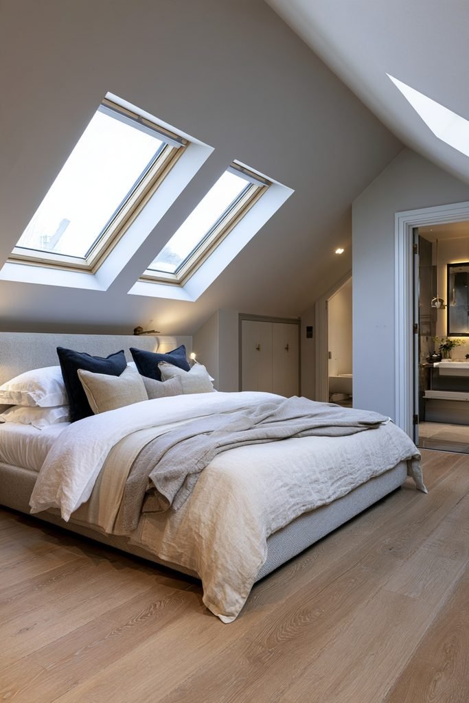 Realistic compact loft master bedroom with sloped ceilings, eaves storage, double bed, and a small dormer conversion