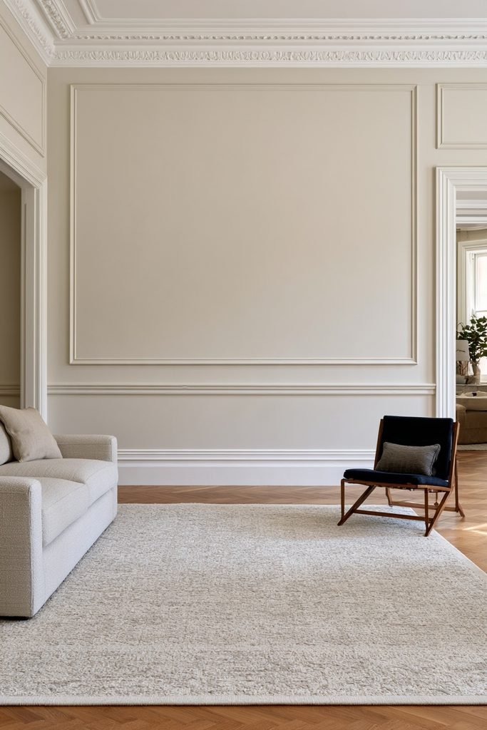 Dado rail painted to match the skirting boards and door architraves in a traditional hallway