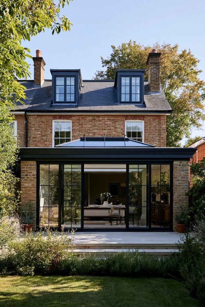 Rear orangery extension with window shapes and dark frames matching the main house.