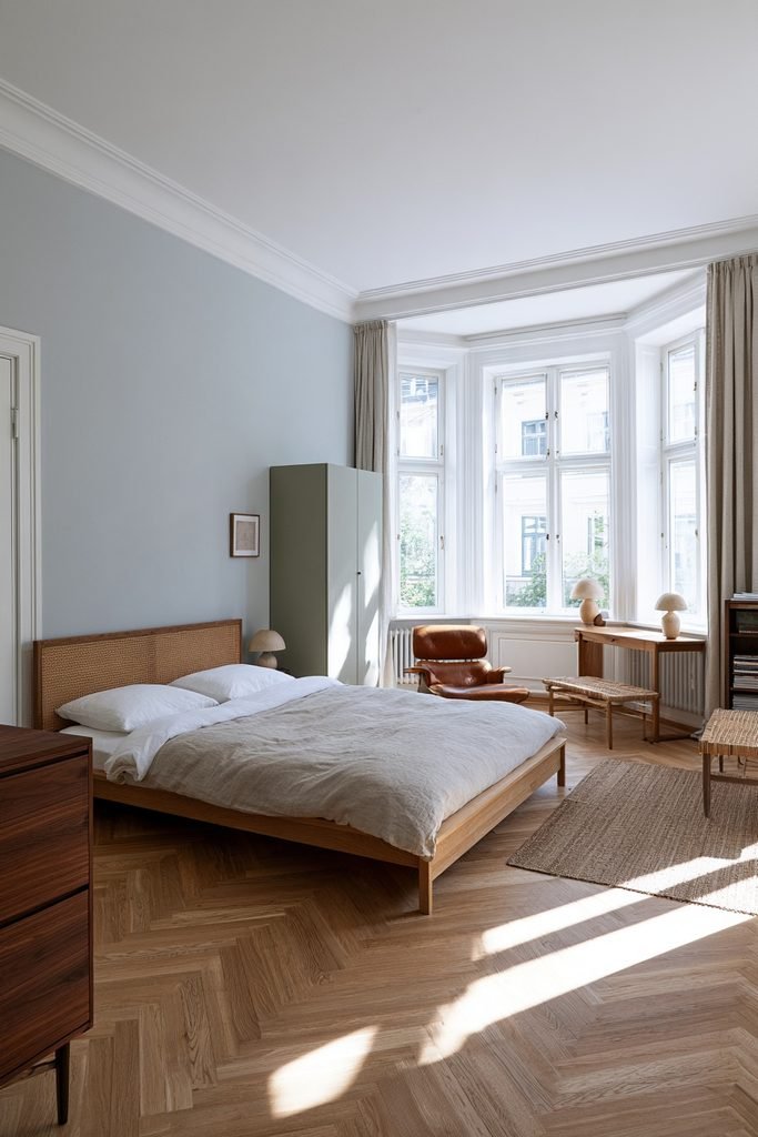 Bright Scandinavian bedroom with large corner windows, pale wood furniture, warm gray walls, and natural daylight