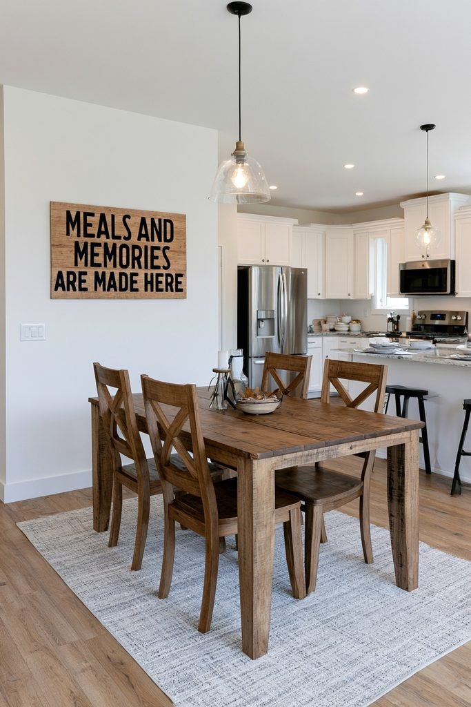 "Meals and Memories Are Made Here" wall sign displayed above a farmhouse kitchen dining table.