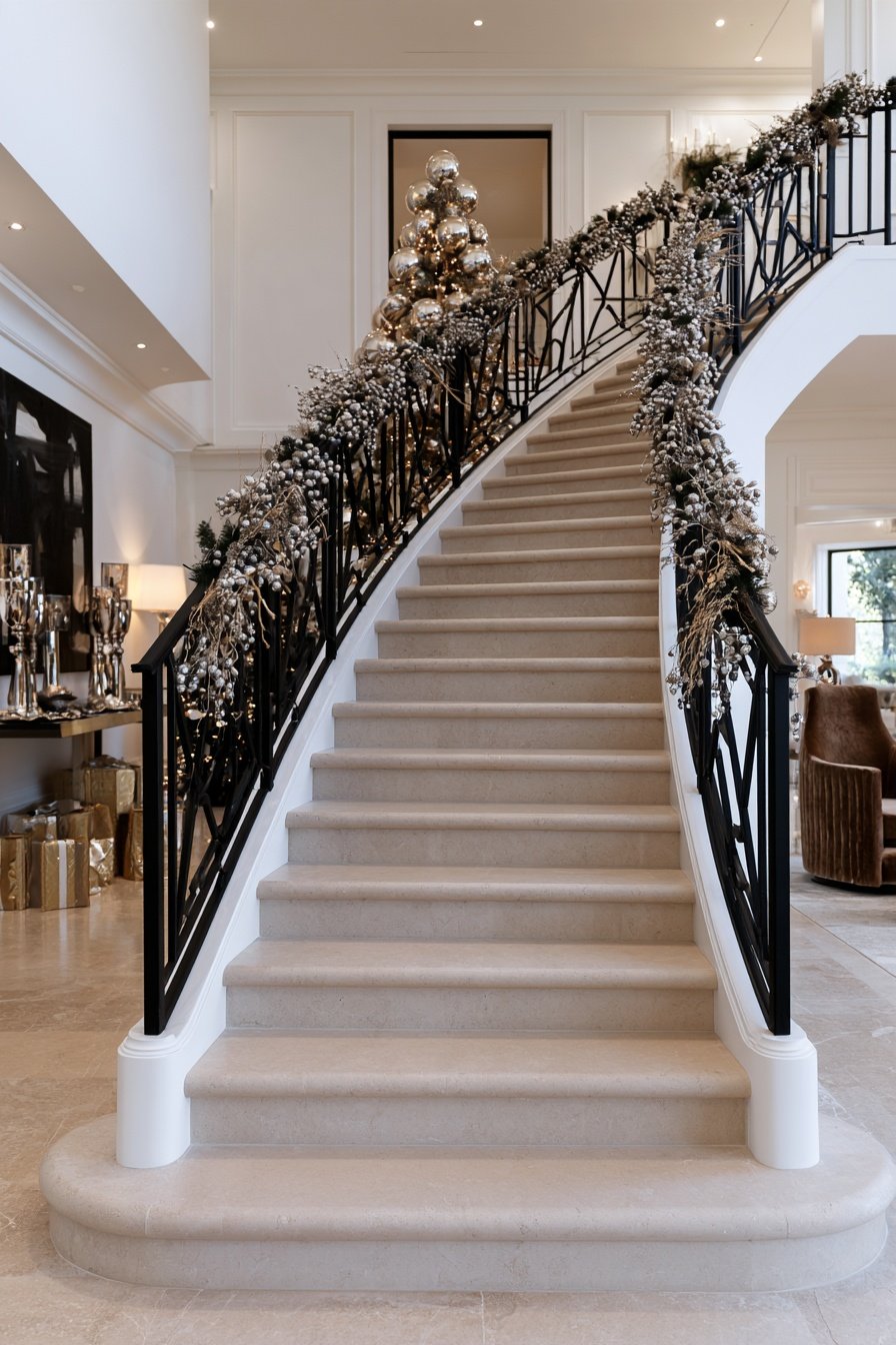 Contemporary stone staircase decorated with metallic silver berries, champagne sprigs, and gold Christmas accents.