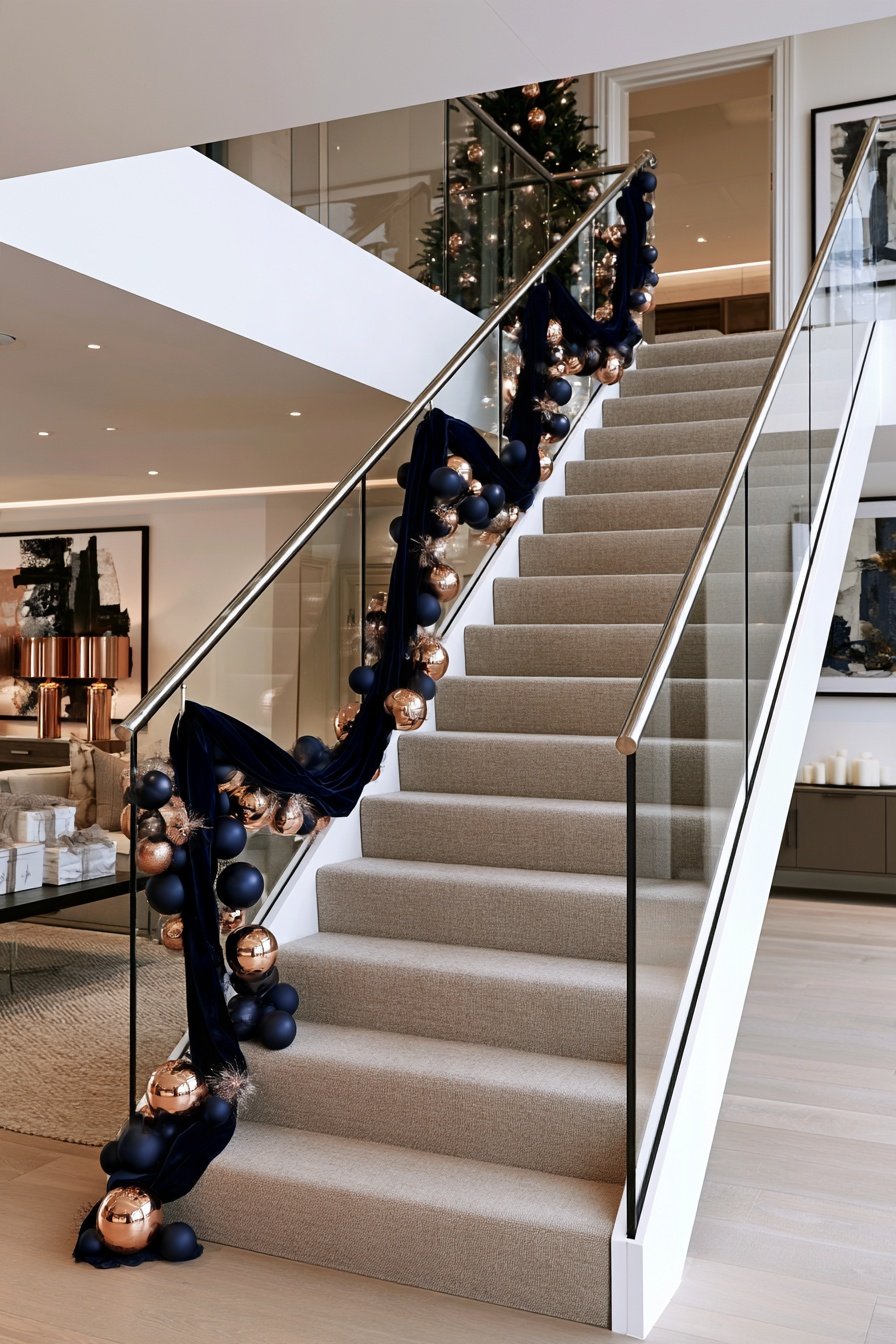 Modern split-level staircase decorated with midnight blue ornaments and copper Christmas accents.