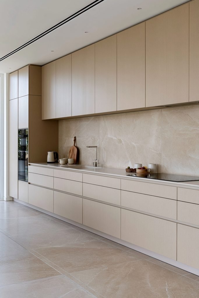 Minimalist kitchen featuring a large-format tile backsplash with fewer grout lines and a seamless appearance.