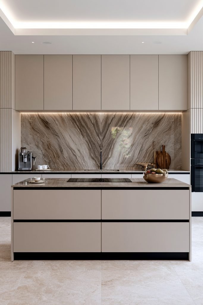 Luxury kitchen with a dramatic bookmatched marble backsplash featuring mirrored natural stone veining.