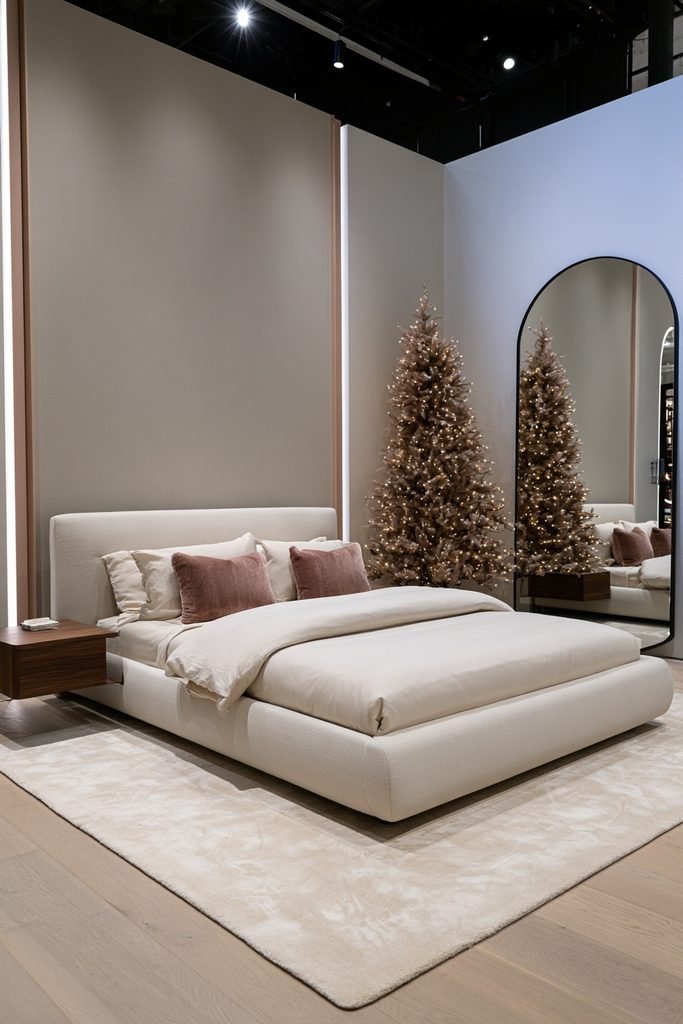 Bedroom mirror reflecting Christmas tree lights to brighten a small pink holiday bedroom