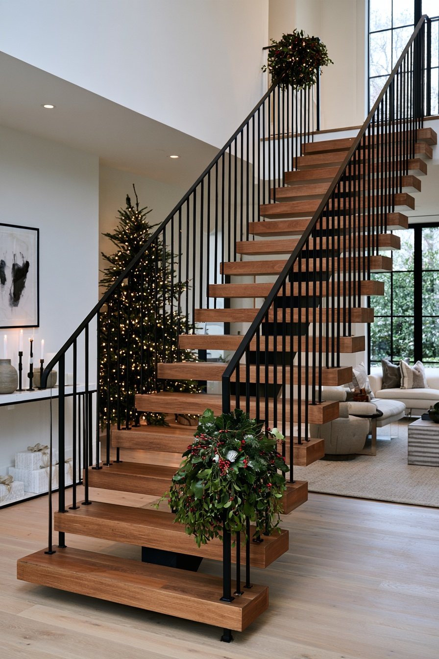 Open-riser staircase with mistletoe and holly decorations in a minimalist modern Christmas home.