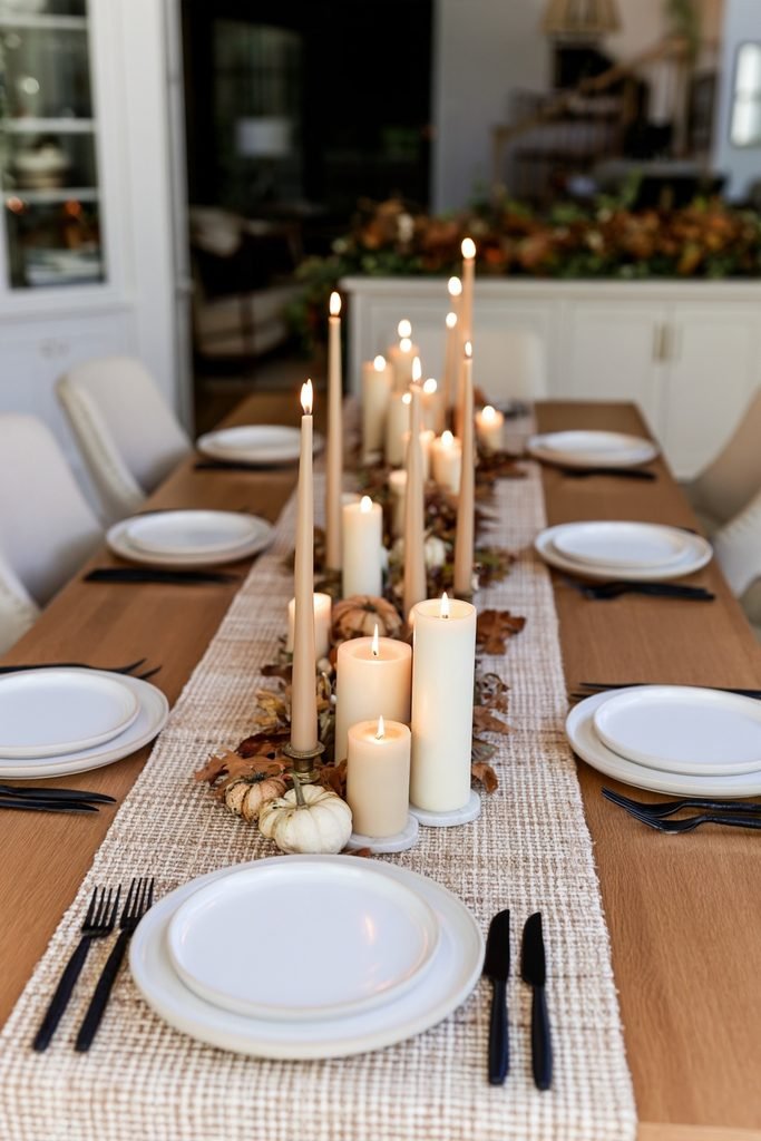 Thanksgiving table runner decorated with tall taper candles and shorter pillar candles for warm autumn ambiance.
