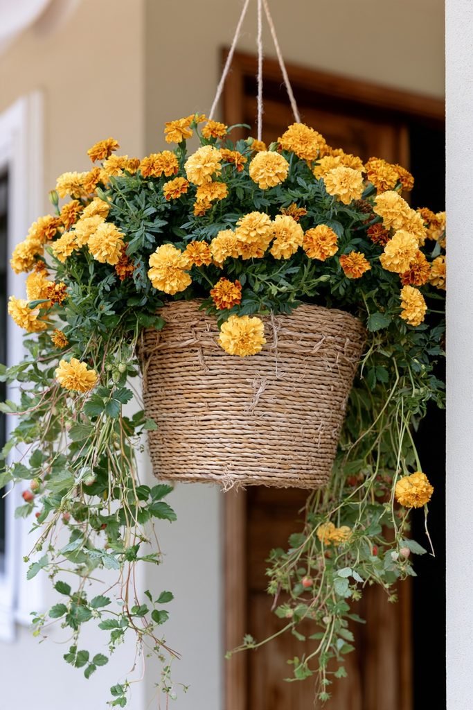 Golden marigolds and trailing strawberry plants growing in a woven fall hanging basket