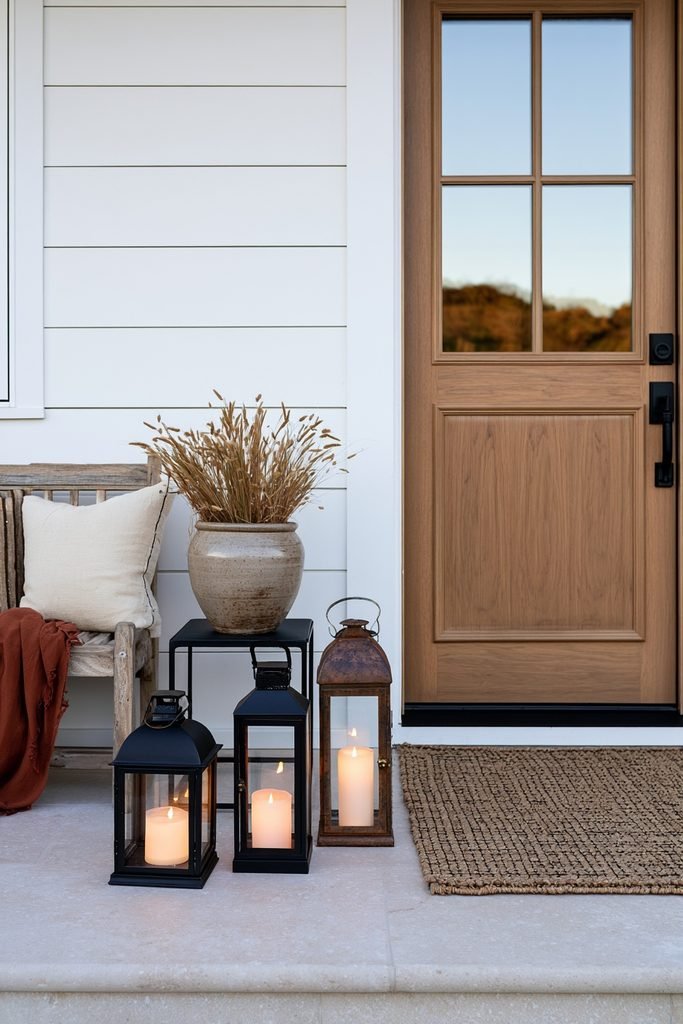 Black brass and bronze lanterns grouped together on a stylish fall front porch