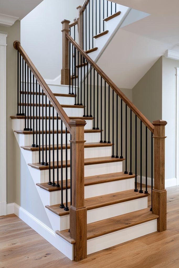 Transitional staircase combining a natural wood handrail with metal balusters