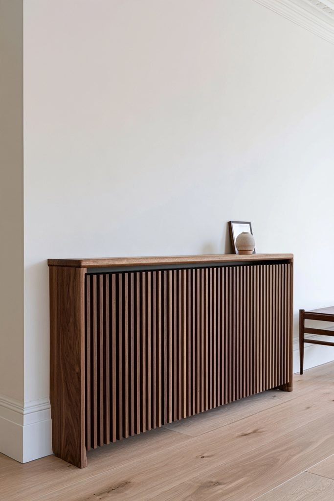 Two-tone wood radiator cover with natural oak top and darker wood slats