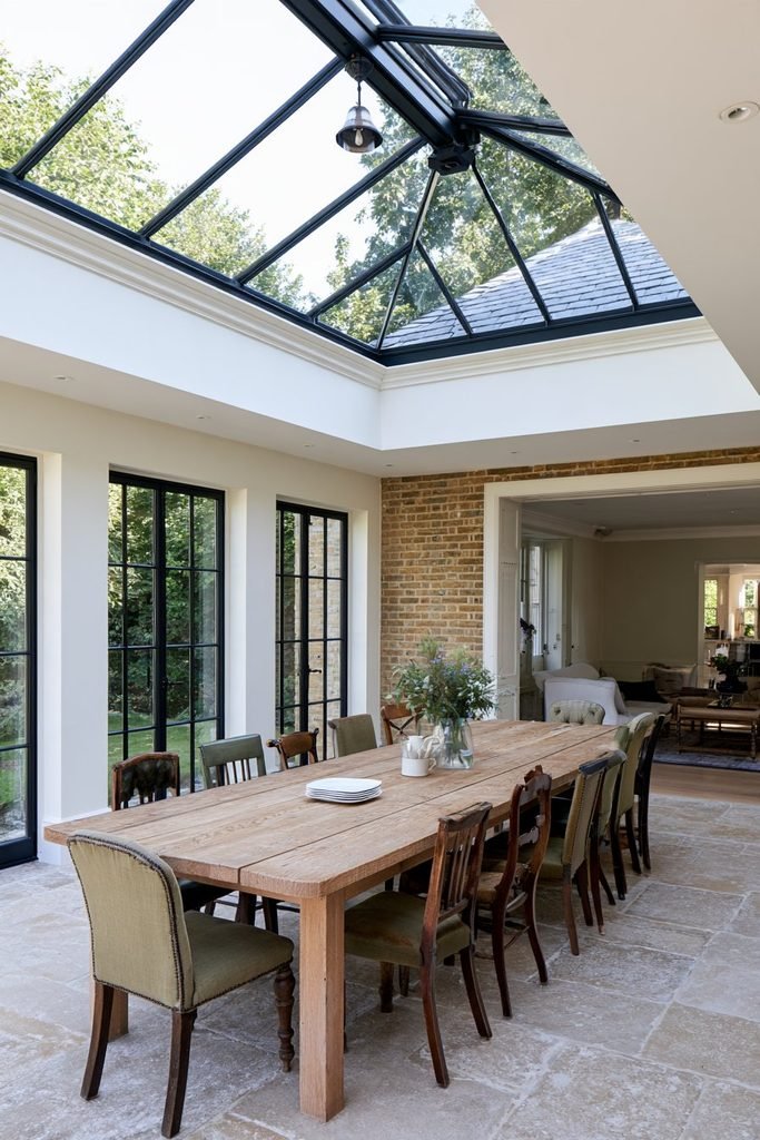 Traditional orangery dining room with a wooden table and mismatched vintage dining chairs.
