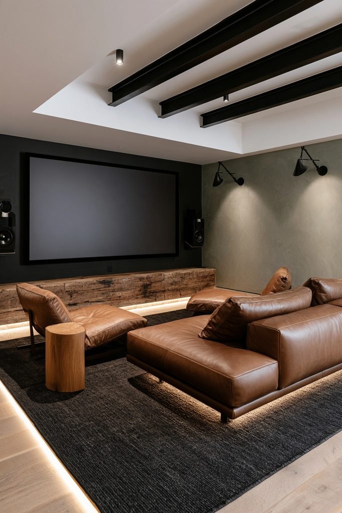 Farmhouse-industrial home cinema with leather seating, wood accents, exposed beams, and wall sconces