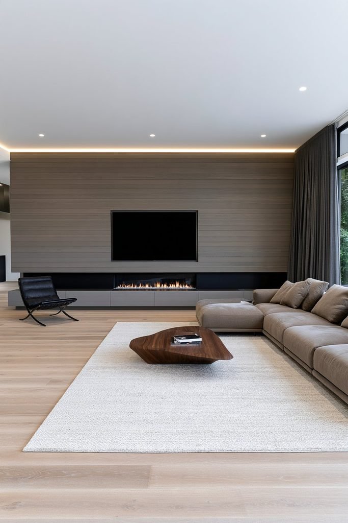 Modern gray shiplap fireplace and TV wall with a linear fireplace, taupe sectional sofa, walnut coffee table, and contemporary decor.