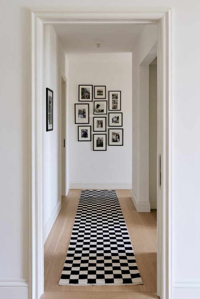Black and white geometric hallway runner in a contemporary home with pale oak flooring, family photo gallery, artwork, and wall shelf.