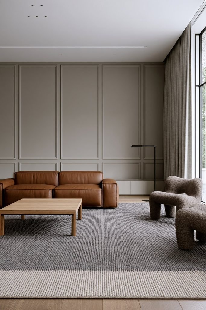 Monochromatic gray wainscoting wrapping a sophisticated living room with matching walls, trim, doors and contemporary furniture