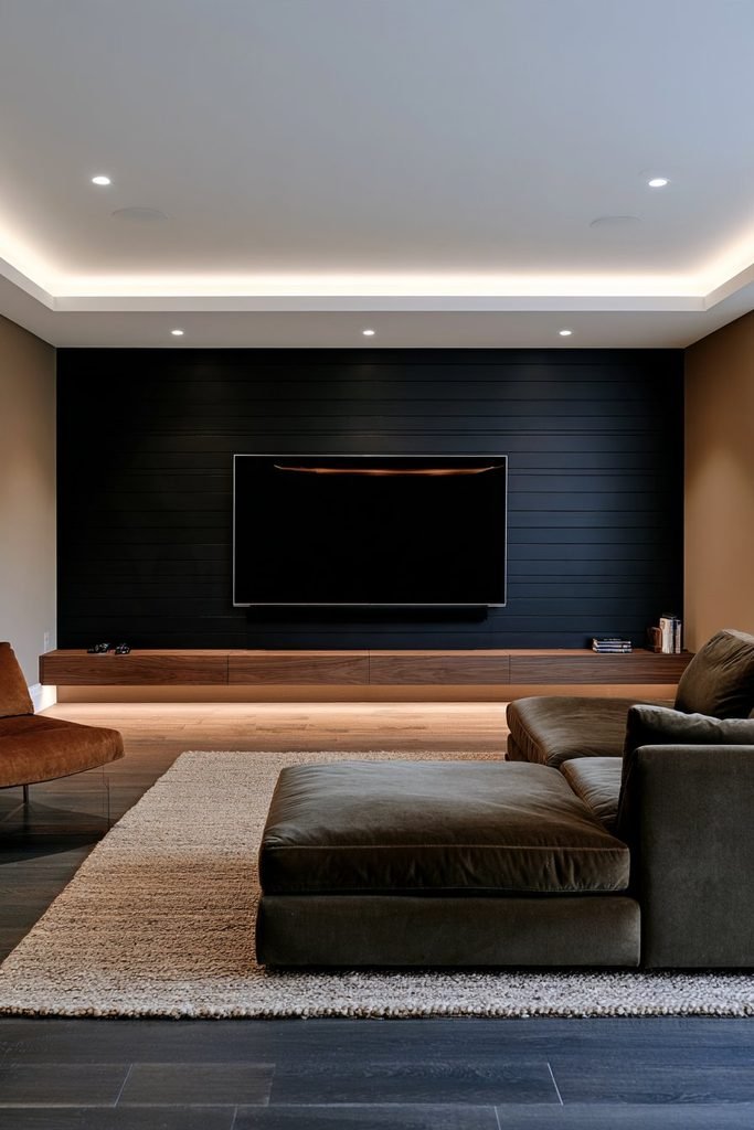 Matte black shiplap media wall with a flat-screen TV, olive sectional sofa, rust accent chair, and warm lighting in a modern basement living room.