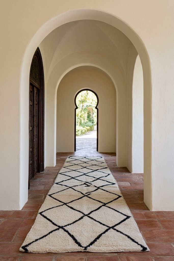 Moroccan-pattern hallway runner in a small stair hall with oak flooring, white stairs, wood shelf, ceramic decor, and woven basket.
