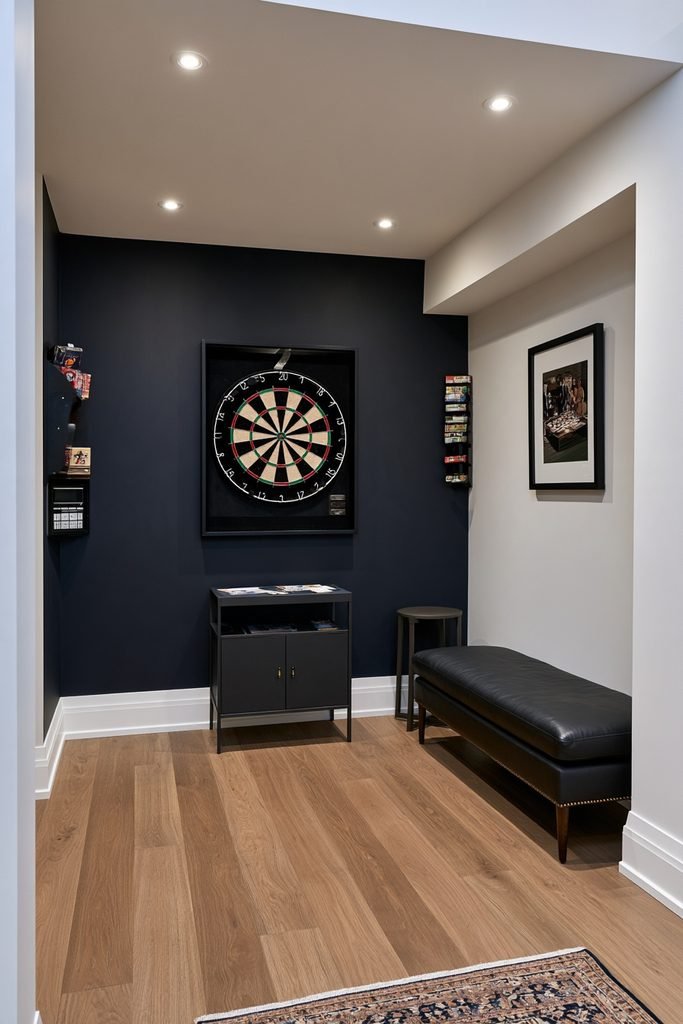 Modern home game room with a regulation dartboard, protective surround, marked throwing line, gaming sofa, arcade cabinet, and wall decor.