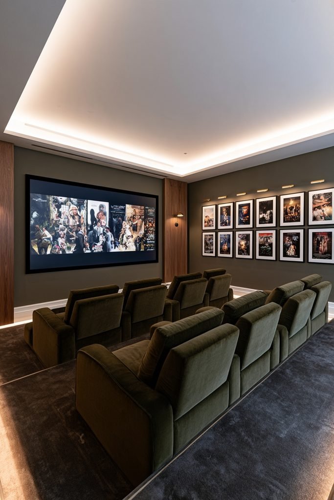 Stylish home cinema with framed movie posters, dark walls, and recliners facing the screen