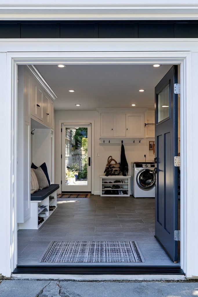 Attached garage conversion mudroom with built-in cubbies, storage bench, coat hooks, shoe storage, and a practical entryway.