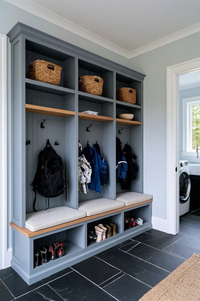 Built-in mudroom lockers with coat hooks and shoe storage in a family utility room