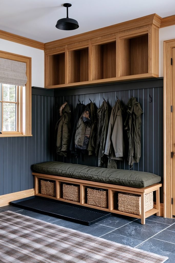 Deep charcoal wainscoting in a practical mudroom with built-in cubbies, storage hooks, bench seating and durable flooring