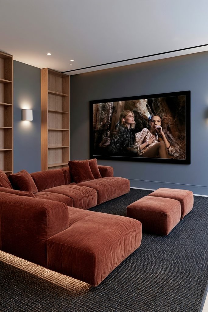 Compact home cinema with multifunctional sofa bed, wall-mounted screen, and warm accent lighting