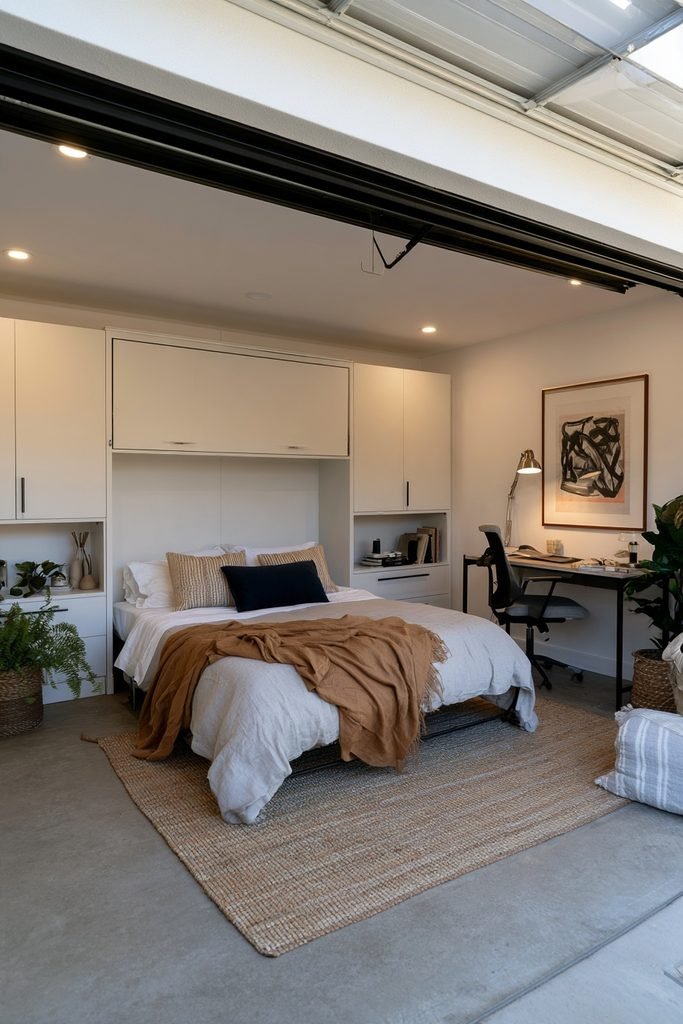 Garage conversion guest room with a full-size Murphy bed, built-in cabinets, compact desk, and flexible home office space.