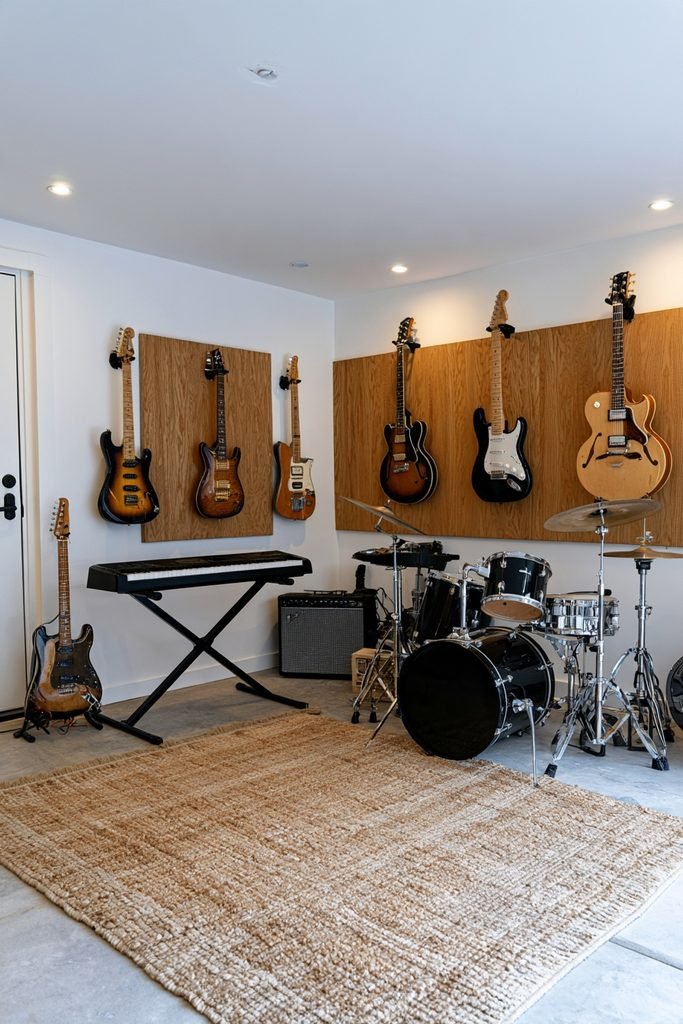 Garage conversion music room with acoustic wood panels, guitars, keyboard, drum kit, soundproofing, and warm lighting.