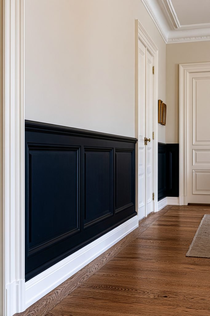 Navy lower wall with a dado rail and brass accents in an elegant traditional hallway