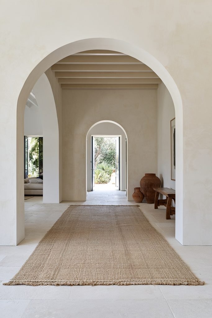 Neutral jute hallway runner in a compact home entry with limestone flooring, wooden bench, woven baskets, and rustic front door.