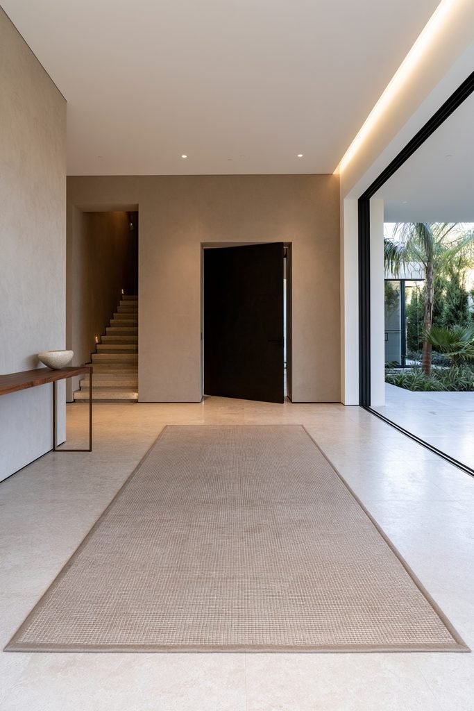 Non-slip hallway runner in a compact apartment corridor with walnut flooring, framed artwork, brass sconces, and interior doors.