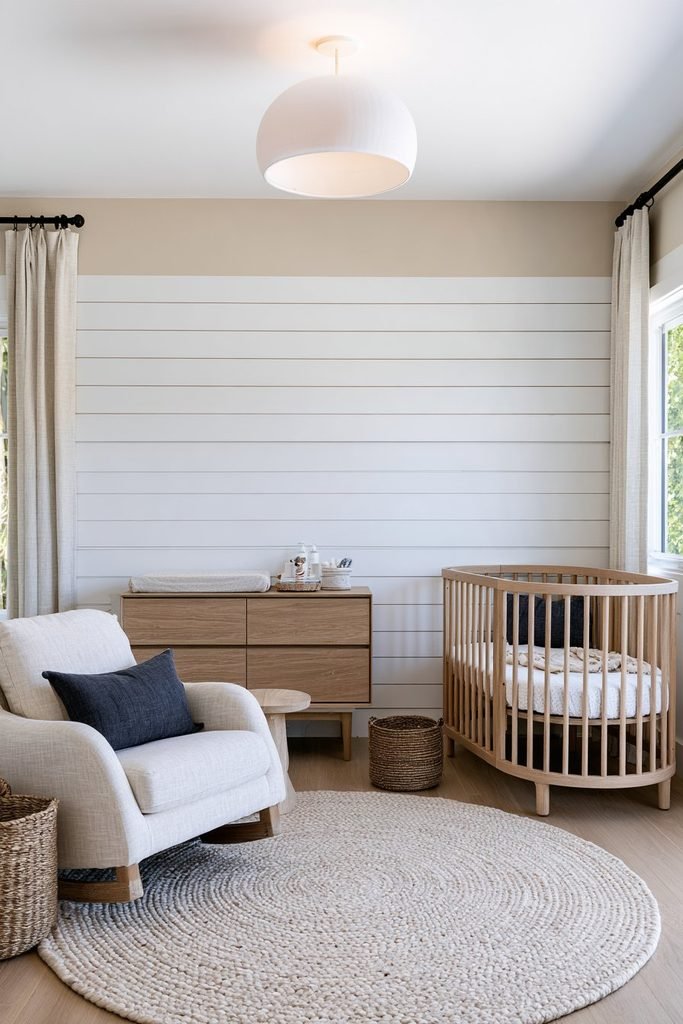 White horizontal shiplap accent wall behind a natural oak changing table in a soft neutral nursery with a crib, rocking chair, and woven rug.