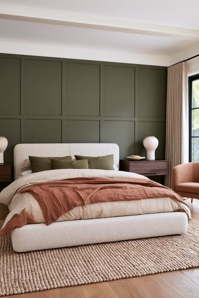 Olive green wainscoting creating an extended headboard wall behind a stylish bedroom with layered linen bedding and warm wood furniture