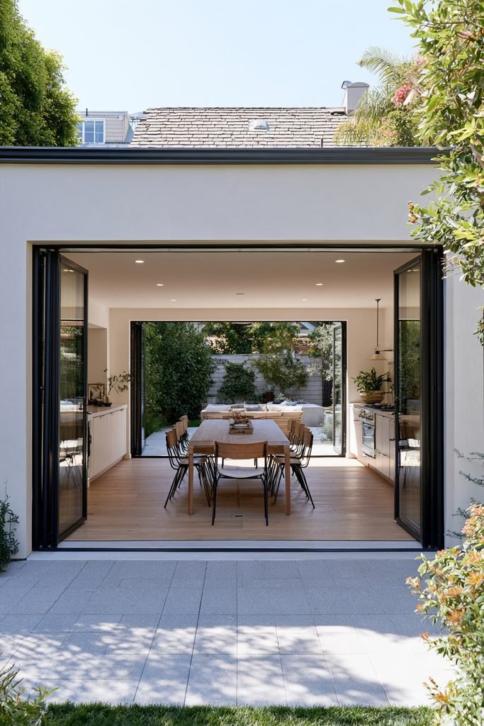 Garage conversion dining room with folding glass doors opening to a patio and a long wooden dining table for family meals.