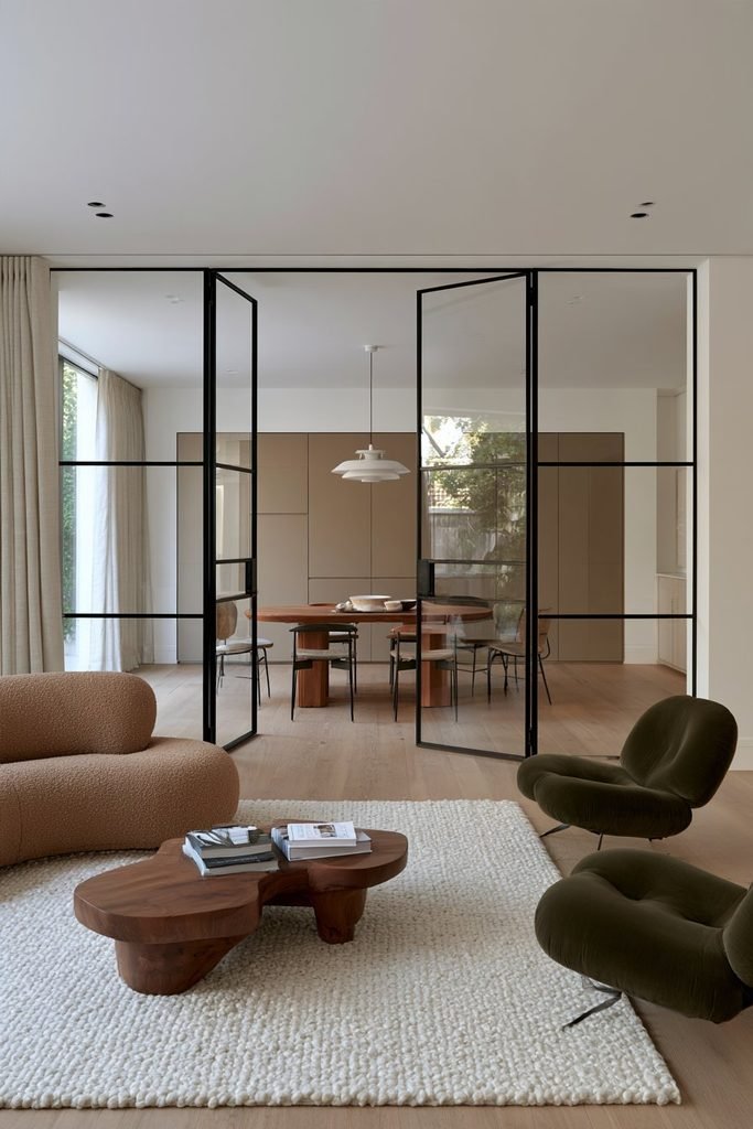 Modern open-plan living and dining room separated by black Crittall steel-framed glass doors