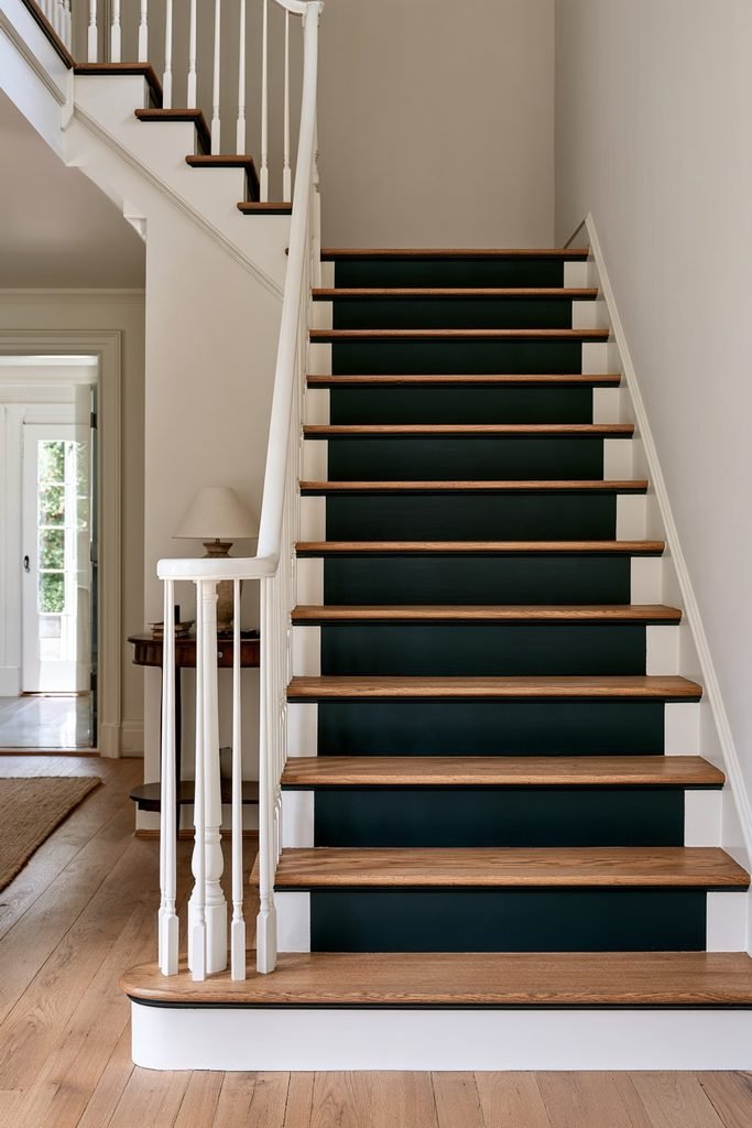 Bold navy blue staircase with light wood treads in a modern home entryway