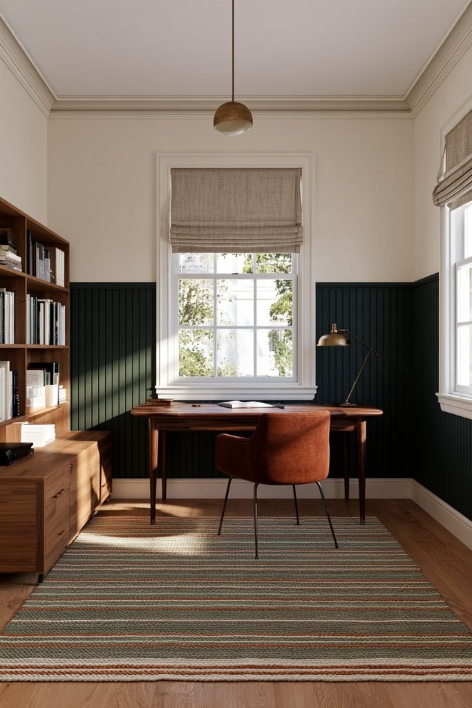Green and cream paint-only wainscoting in a stylish home office with a two-tone wall treatment and wooden desk