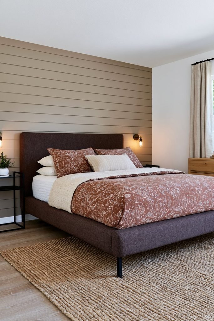 Renter-friendly faux shiplap bedroom wall created with painted horizontal plank lines behind a taupe upholstered bed and warm neutral furnishings.