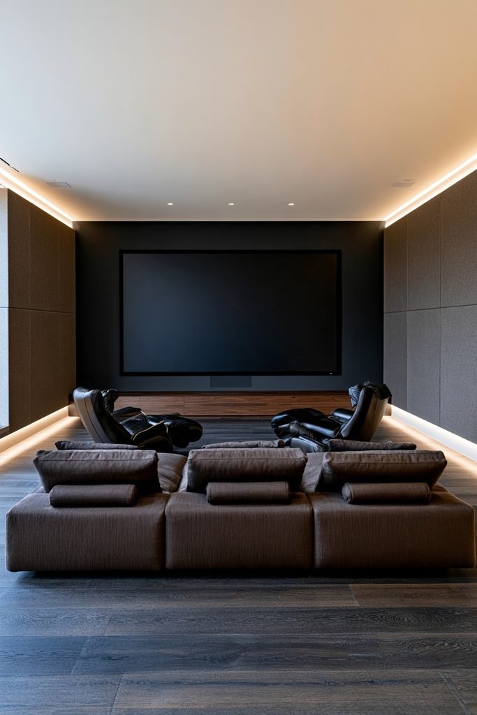 Cozy basement home cinema with charcoal screen wall, warm lighting, and upholstered seating