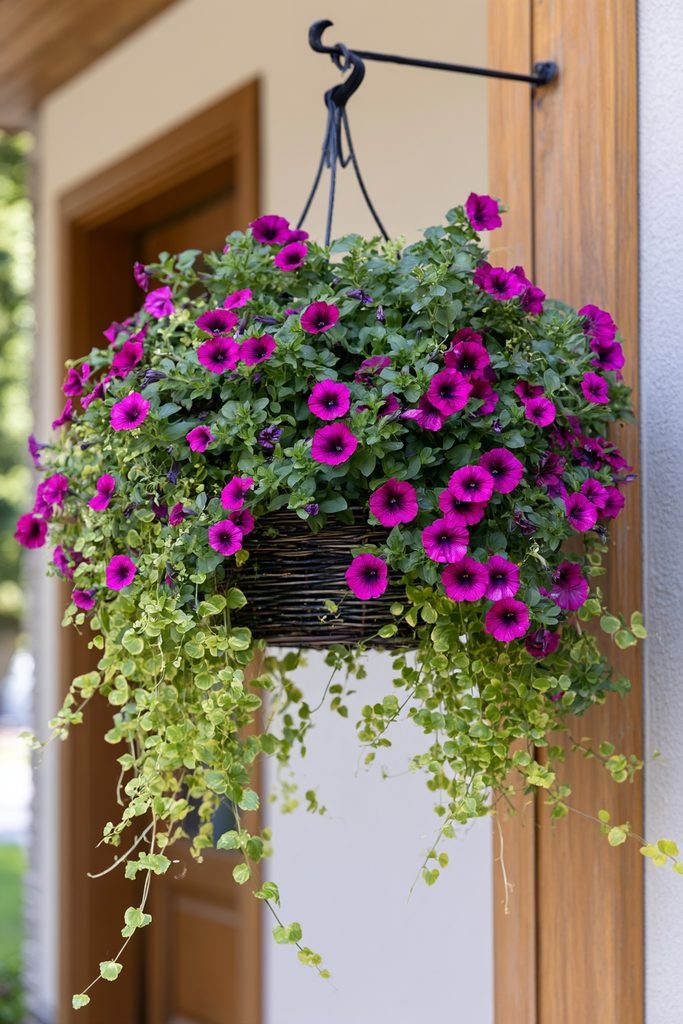Burgundy petunias and cascading golden-green Creeping Jenny in a fall wall basket