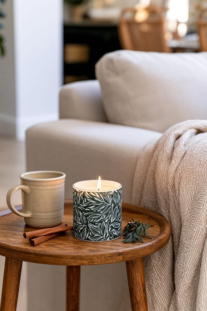 Autumn scented leaf candles with cinnamon cedar and warm fall accents in a cozy living room.