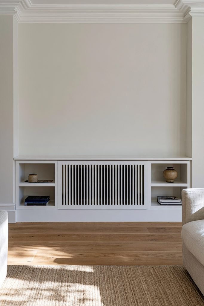 Built-in radiator cover with open shelving for books and decorative storage