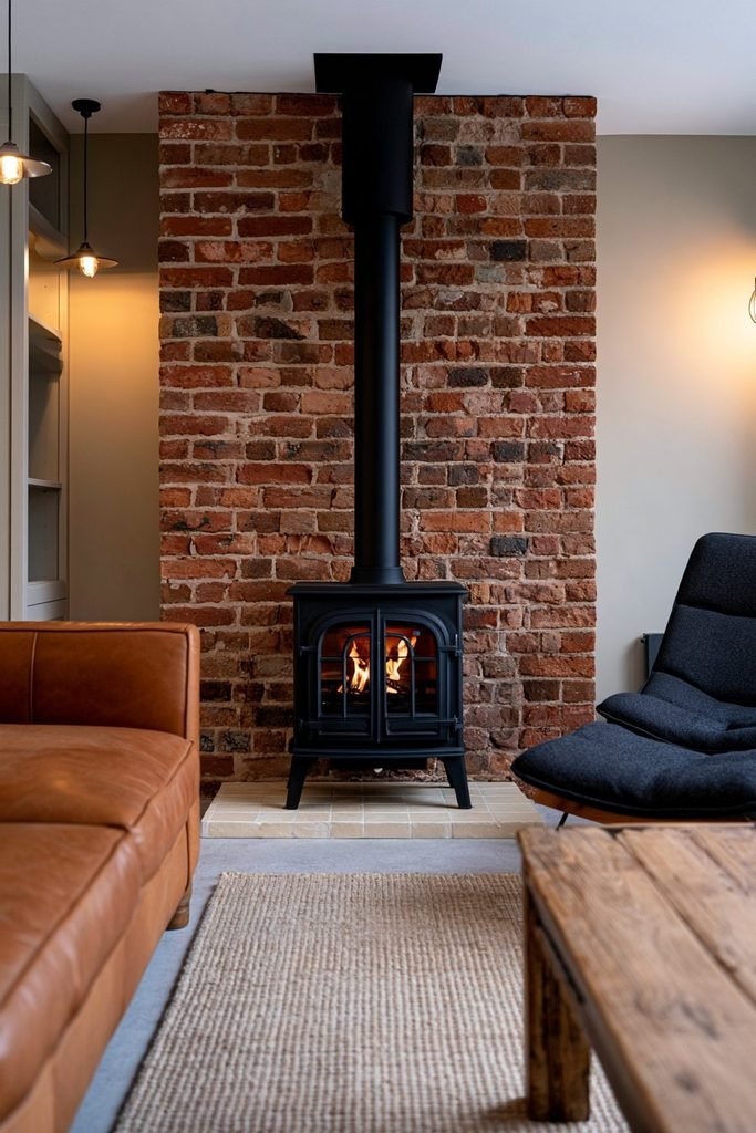 Industrial-style living room with a black log burner against an exposed red brick chimney breast, caramel leather sofa, dark chairs, and natural wood furniture