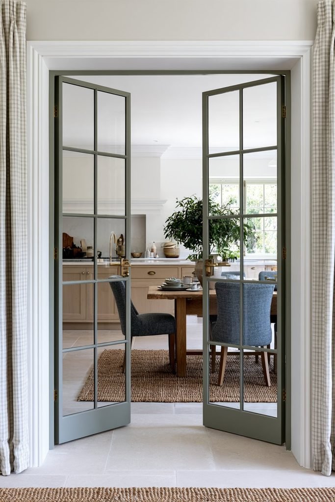 Scandinavian farmhouse kitchen with sage green Crittall-style glass doors and brass handles