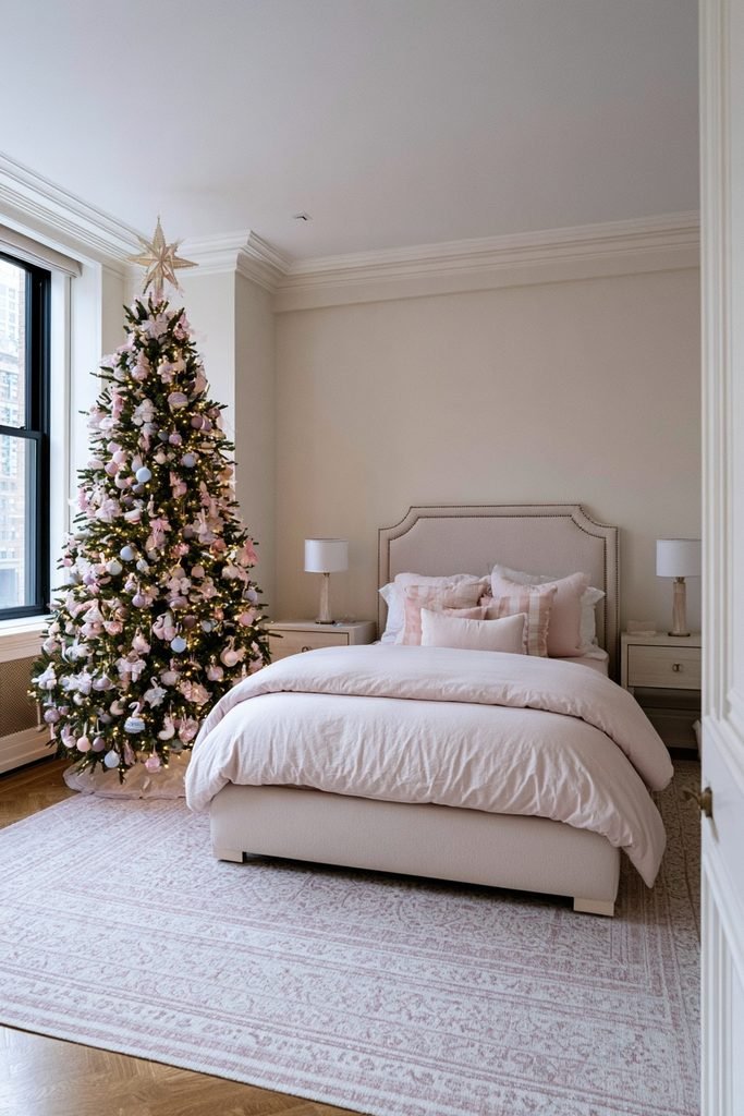 Pastel sugar plum Christmas bedroom decorated with pink, blue, white, and whimsical ornaments