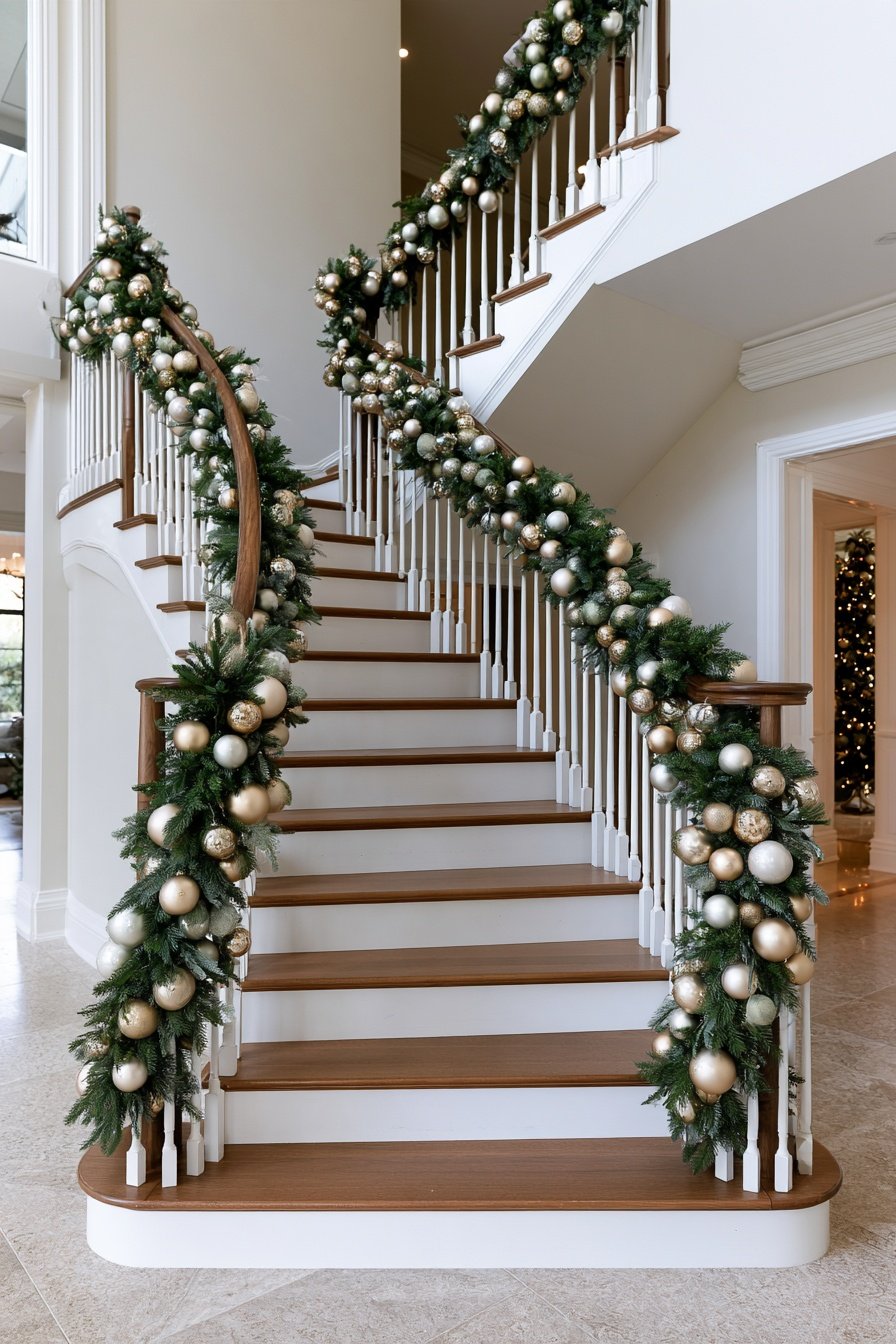 Elegant L-shaped staircase with champagne ornaments, ivory ribbon, and a cream Christmas tree in a luxury foyer.