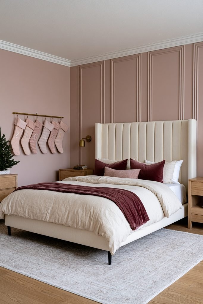 Personalized blush pink Christmas stockings displayed on a bedroom bedpost for the holidays